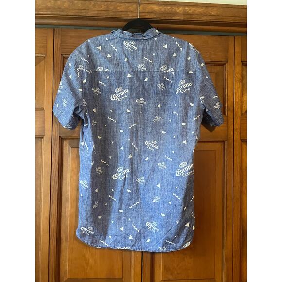 Corona Men's Reverse Print Aloha Button Down Shirt Short Sleeve Blue Size L - Picture 8 of 9